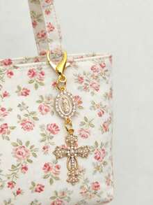 1pc Christian Cross Pearl Diamond Keychain | Romantic Zinc Alloy Bag Charm Wallet Backpack Pendant Accessory, Mother's Day & School Gift - Multicolor - View 5