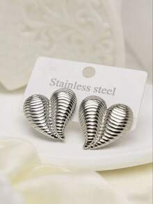 Women's Silver Heart Textured Stud Earrings - Fashionable Stainless Steel Heart Earrings. Minimalist Y2K Style Studs Are Lightweight, Anti-Oxidation, And Comfortable To Wear. Suitable For Daily Wear, Work, Dates, Parties And Special Occasions, Whether For Daily Wear, Holiday Celebrations, Vacation Travel Or Party Gatherings, They Are An Excellent Choice. - Silver - View 1