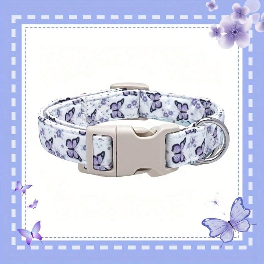 紫色蝴蝶狗项圈 - 可调节白色薰衣草印花宠物项圈，配米色扣环和银色D形环 - 可爱昆虫小狗颈带，适合小型和中型犬 - 混合色 - 查看 1