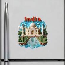 Nam châm dán tường hình Taj Mahal, mây và sóng: Khung hình không đều với mây và sóng nước, mái vòm bằng đá cẩm thạch, tháp minaret và vườn Ba Tư, chữ "INDIA" mạ vàng nổi – Một lát cắt lãng mạn thời Mughal lơ lửng trên tủ lạnh của bạn. - Taj Mahal, Ấn Độ - Xem 5