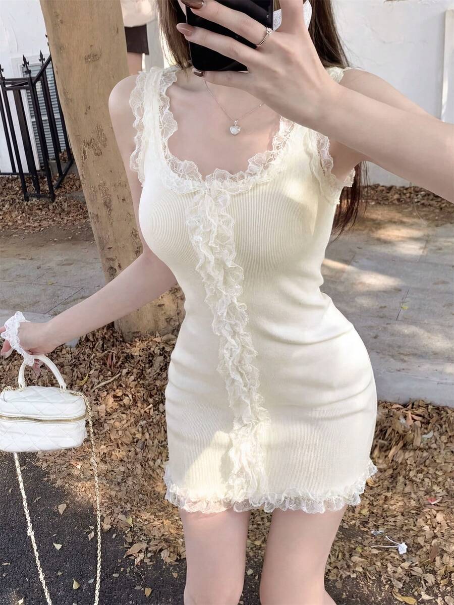 性感氛围紧身半身裙，女士春夏新款修身蕾丝边连衣裙，无袖针织吊带裙，迷你裙 - 杏色 - 查看 1
