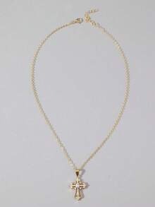 金色水钻十字架吊坠，独特设计，ins风项链，女士款 - 金黃色 - 查看 4