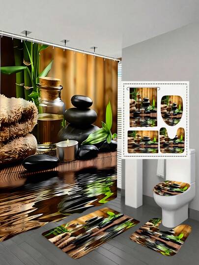 1/4pcs Marble Pattern Shower Curtain Set, Suitable For Home Bathroom Decor, With 12 Hooks, Polyester Fabric Bathtub Curtain, Bathroom Divider, Room Decor, Machine Washable