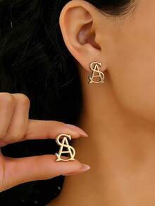 1 Pair Asymmetrical Geometric Earrings For Women - Gold aS Letter Stud Earrings - View 3