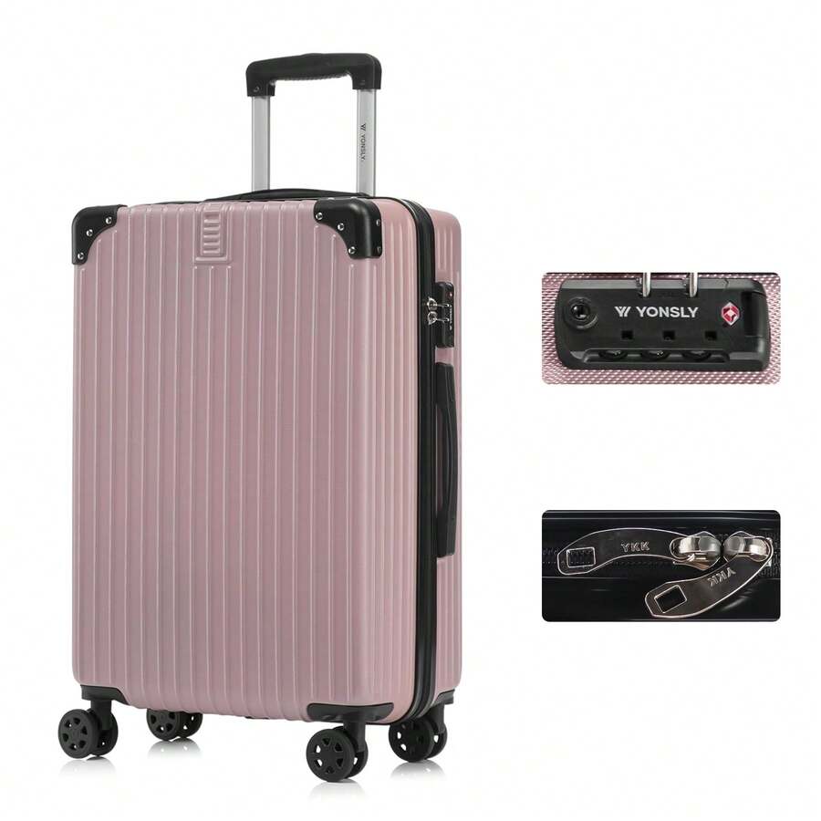 YONSLY Suitcase 20/24/28 Inch With TSA Lock, YKK Double Repair Zipper, 4 Wheels, 360° Rotation, Mesh Compartment, Lightweight Trolley Suitcase, Hard Shell Suitcase, Carry-On Luggage, Family Suitcase, Holiday Suitcase - 玫瑰金 - 查看 1