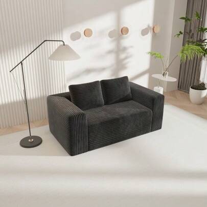 Boneless Deep Seat Double Sofa, No Assembly Required, Foam Floor Sofa, Soft Corduroy Fabric, Modern Living Room Sofa For Small Family Apartment, Bedroom, Office (Black)