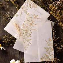 60 piezas Juego de tarjetas de invitación de 5x7 pulgadas con patrón de rosa dorada impreso y plegadas previamente - Sobres de invitación de papel transparente de 115 g/m² - Sobres de invitación de boda transparentes - Rectángulo - Ver 4