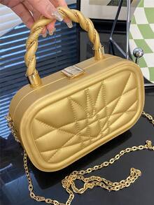 1pc Solid Color Small Bag, Gold Oval Box Bag, Embossed PU Chain Crossbody Bag, Fashion Ladies Party Clutch, Floral Pattern Personalized Women Handbag, Summer Ladies Bag, Suitable As Women Gift, Can Fit Phone, Keys, Earphones, Lipstick - Gold - View 5