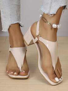 Sandal hở mũi kiểu La Mã cổ điển với một khóa cài, sandal cao gót màu be kiểu La Mã đơn giản, thích hợp cho mùa hè. - Màu be - View 4