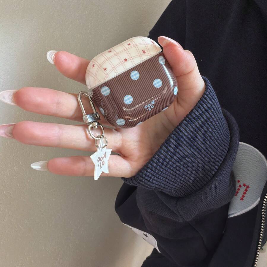 Brown Striped Polka Dot + Star Pendant Earphone Case Compatible With Apple Pro3/Pro2/AirPods4/AirPods3/AirPods2, Fashionable Women Earphone Case, Minimalist Earphone Case, Apple Earphone Case, Apple Earphone Cover