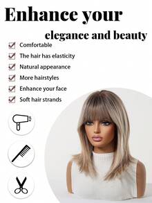Tóc giả dài trung bình 16 inch, màu ombre vàng ánh kim, có mái bằng, được làm từ sợi tổng hợp chịu nhiệt, dễ đội và dễ bảo quản, phù hợp cho phụ nữ sử dụng hàng ngày, lễ hội, tiệc tùng và cosplay. - Tóc vàng ombre - Xem 8