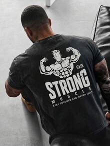 男士休闲肌肉男图案圆领短袖T恤，适合日常穿着、健身和运动，黑色夏季款 - 黑色 - 查看 5