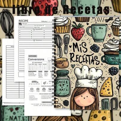 1 pièce "Mis Recetas" Livre de recettes espagnol mignon avec bandes dessinées. Journal de cuisine relié en spirale pour documenter les recettes, les ingrédients et les conseils de cuisine. Conception adorable avec une fille chef et des illustrations de nourriture. Cadeau parfait pour les amateurs de cuisine et les cuisiniers à domicile.