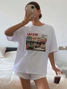 Camiseta holgada de mujer de cuello redondo y manga corta con estampado de letras con diseño, camiseta de verano gráfica oversize - Blanco - Ver 6