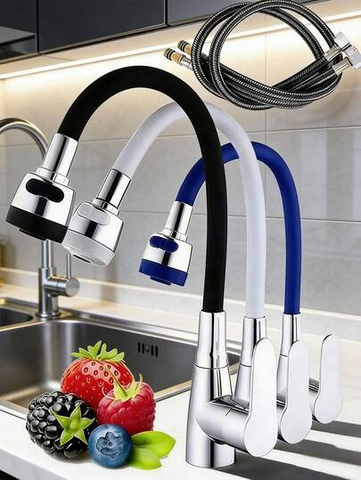 حنفية مطبخ حديثة قابلة للتدوير 360 درجة ذات مقبض واحد للماء الساخن والبارد، مثبتة على السطح مع خرطوم سيليكون مرن، ذات تشطيب لامع، وخرطوشة صمام وقاعدة تركيب مناسبة للمطابخ الحديثة، وأسطح الحمامات، والمركبات الترفيهية، وحنفيات مغاسل المنزل