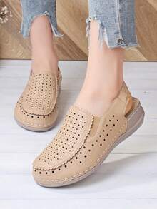 1 Pair Women's Elastic Band Embroidered Handmade Slip-On Mules, Lightweight, Comfortable, Fashionable For Commuting And Travel - Apricot - View 10
