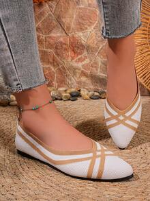 Damen gestreifte Spitze Zehen Strick Slip-On Flache Schuhe, gestreifte modische Lässig Strand Boho bequeme Flache Schuhe für Zuhause & alle Jahreszeiten - Weiss - Übersicht 10