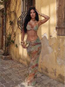 Đầm yếm buộc dây phía trước đính ngọc trai, họa tiết in bóng, phong cách Bohemian gợi cảm, trang phục đi biển cho nữ, váy đi biển mùa hè, thời trang đi biển. - màu xanh lá - Xem 5
