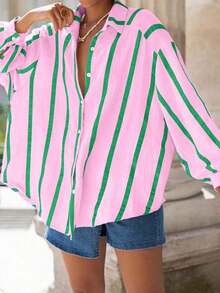 Women's Pink Striped Loose Chiffon Shirt, Elegant Cardigan Casual Blouse, Commuter Fashion Suitable For Dates, Spring/Summer - 粉紅色和綠色條紋 - 查看 4