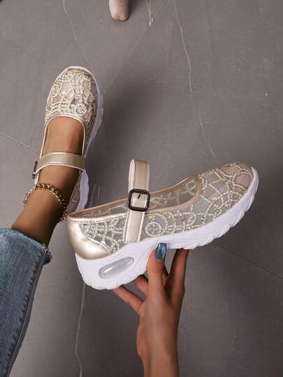 金银色透气网面女士休闲运动鞋，春夏新款，多功能厚底防滑轻便旅行运动凉鞋，大码闪亮户外夏季休闲运动鞋