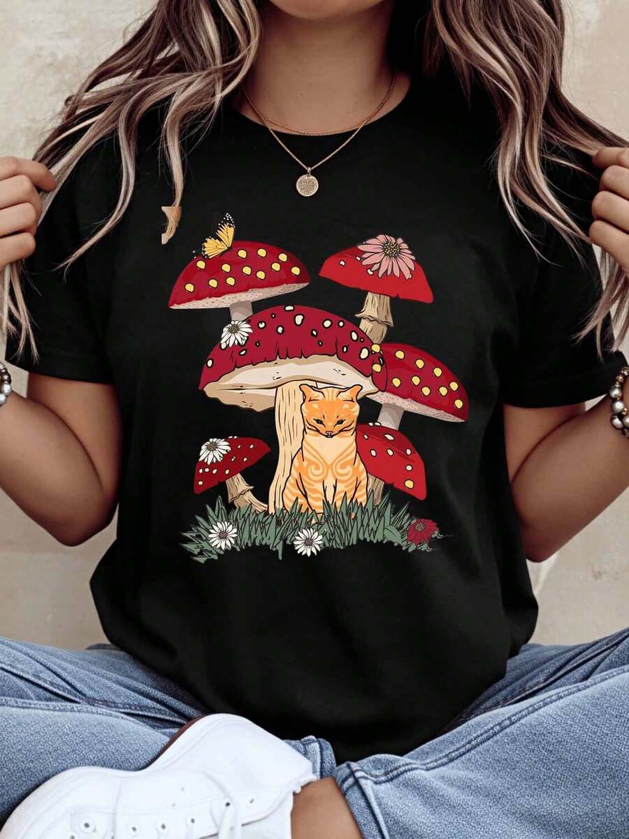Women Casual Short Sleeve T Shirt Mushroom And Cat Print Summer Outdoor Wear , 220g - màu đen - Xem 1