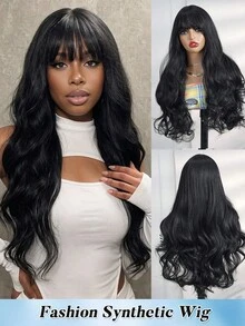 Peruca Trançada Moda Feminina Onda Profunda Cabelo Preto Longo e Encaracolado com Franja Arejada, Fibra Resistente a Alta Temperatura, Tamanho Ajustável, Adequado para Todas as Idades, Estilo de Férias 24 Polegadas - Preto - Visão 2
