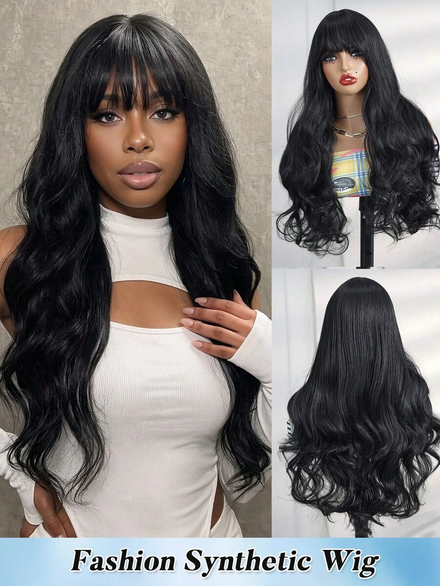 Peruca Trançada Moda Feminina Onda Profunda Cabelo Preto Longo e Encaracolado com Franja Arejada, Fibra Resistente a Alta Temperatura, Tamanho Ajustável, Adequado para Todas as Idades, Estilo de Férias 24 Polegadas