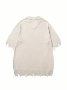 Casual Loose Ripped Fringe V-Neck Short Sleeve Knit Top, Neutral Street Style For Spring/Summer, Apricot - Apricot - View 4