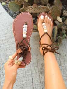 Women's 2026 Spring New Beaded Clip Toe Criss-Cross Strap Roman Sandals - Brown - View 7