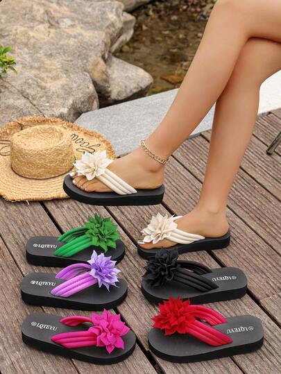 Women's Floral Thong Sandals, Comfortable Thick Sole Casual Beach Slippers For Summer