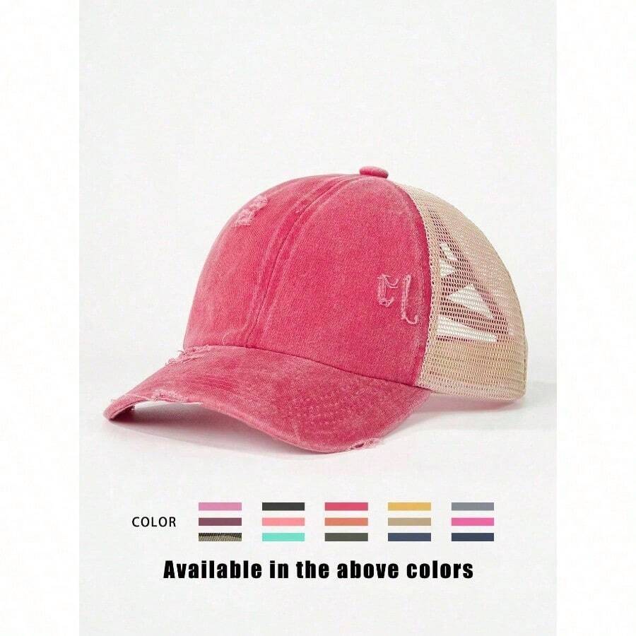 1pc Distressed Criss-Cross Ponytail Mesh Baseball Cap, Adjustable Outdoor Sun Protection Casual Hat, Suitable For Spring/Autumn, Travel, Beach, Y2K Style For Youth - D - 查看 1