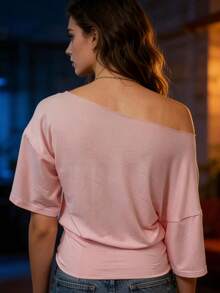 Women's Off-Shoulder Tops  Fitted Waist Ruched Short Sleeve Shirts For Going Out Tops Streetwear - Pink - View 4