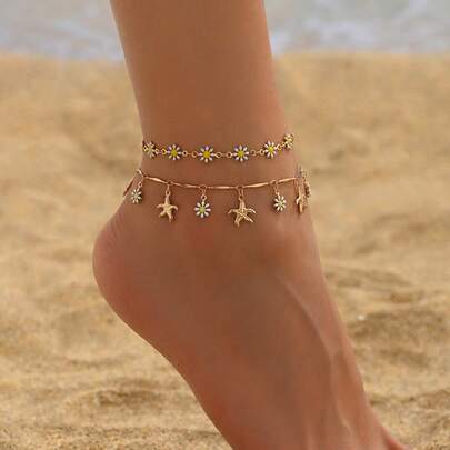 Bộ 2 chiếc vòng chân trang trí hoa cúc mùa hè, vòng chân tua rua hình sao biển và hoa dễ thương, phụ kiện thời trang cho hàng ngày, tiệc bãi biển, hẹn hò, làm thủ công, có thể điều chỉnh độ dài, số lượng hoa và sao biển/đơn hàng không cố định.