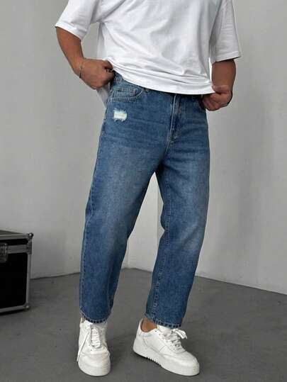 Jeans a zampa di elefante da uomo in denim blu scuro invecchiato e consumato, pantaloni larghi e oversize a zampa di elefante, gamba extra larga, pantaloni extra lunghi e ampi, pantaloni a zampa di elefante oversize, buona texture, lavorazione consumata, strappati, tie-dye, stile streetwear, hip-hop, stile Y2K, jeans a zampa di elefante oversize, le dimensioni complessive tendono ad essere grandi, lunghezza dei pantaloni più lunga, si consiglia di ordinare una taglia in meno in base alle proprie misure, silhouette a gamba extra lunga ed extra larga