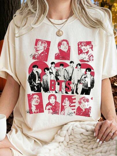 B.T.S Kpop Shirt Jin J Hope RM Jimin V Jungk Ook Tee Kpop Merch Retro B.T.S World Tour 2026 Merch Bangtan Come Back Shir,Camiseta informal de moda con estampado creativo para mujer, de manga corta y cuello redondo, para primavera y verano T-Shirt Women Festive Celebration Shirt Party Wear Top