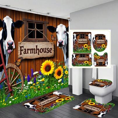 1pc/4pcs Pastoral Cow & Wooden House Pattern Bathroom Decor Shower Curtain Set, Free 12 Hooks Included, Elegant Holiday Atmosphere, Bathroom Mat, U-Shaped Toilet Mat And Round Toilet Mat, Suitable For All Scenarios Bathroom Set