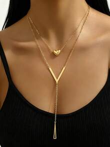 Double Layer Y-Shaped Pendant Necklace For Women - Simple Sexy Style With Heart, Letter V, And Geometric Charms For Daily Wear - Gold - View 2
