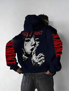 Vintage Washed Sc-Ar-Face "Keep It Quiet" Horror Graphic Hoodie, Premium Soft Cotton Blend, Unisex Regular Fit Pullover Hoodie, Front & Back Double Print Design, Retro Street Style, Perfect For Casual Wear, Street Style, And Holiday Gift Giving, Available In Black, Gray, And Navy Blue - 藏蓝色 - 查看 1