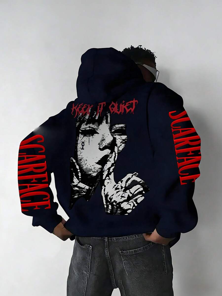 Vintage Washed Sc-Ar-Face "Keep It Quiet" Horror Graphic Hoodie, Premium Soft Cotton Blend, Unisex Regular Fit Pullover Hoodie, Front & Back Double Print Design, Retro Street Style, Perfect For Casual Wear, Street Style, And Holiday Gift Giving, Available In Black, Gray, And Navy Blue - 藏蓝色 - 查看 1