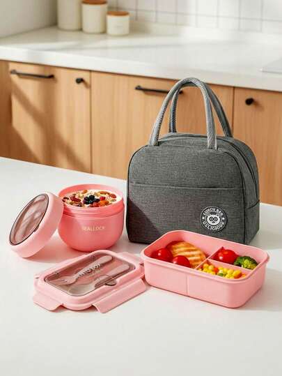 便当盒 - 带盖和餐具的午餐盒套装，粉色备餐盒（可微波炉加热），燕麦杯，保温午餐袋，适合工作、学校和户外活动，沙拉杯，保温套装。分格午餐盒，返校学生用品