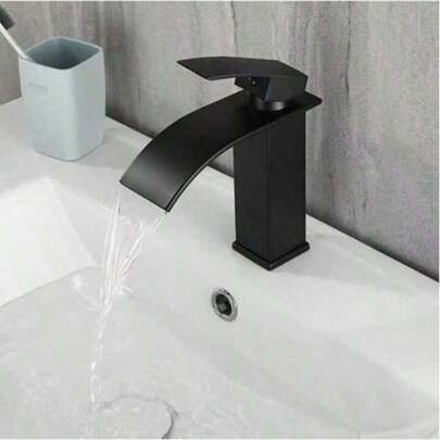 1pc Nordic Black Copper Basin Faucet, Waterfall Style Single Hole Cold & Hot Tap For Bathroom Vanity Bathroom Accessories Bathroom Tools