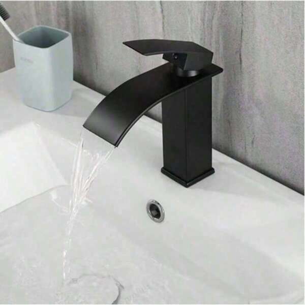 1pc Nordic Black Copper Basin Faucet, Waterfall Style Single Hole Cold & Hot Tap For Bathroom Vanity Bathroom Accessories Bathroom Tools