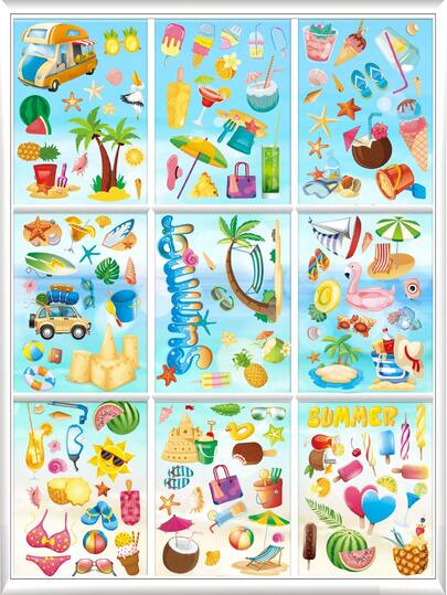 9pcs Summer Beach Static Cling Window Stickers - Reusable No Glue No Residue, Tropical Palm Tree, Pineapple, Flamingo Pattern Window Decals, Beach Themed Window Art For Home, Shop, Kitchen, Bedroom