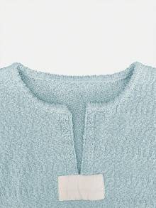 Áo dệt kim mùa hè phong cách retro dành cho nữ: Cổ chữ V, thiết kế họa tiết sọc, xẻ tà bên hông, dáng rộng không tay, trang phục thường ngày đa năng. - Xanh và trắng - Xem 7