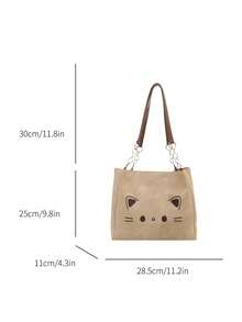 Túi tote vải bố màu be dễ thương với họa tiết mèo hoạt hình thêu, móc khóa hình đám mây nhồi bông và quai da màu nâu, thích hợp cho nữ sử dụng hàng ngày. - Màu be - Xem 7