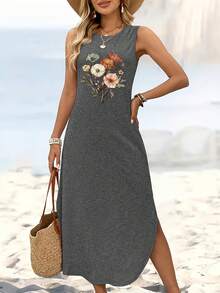 Graphic Print Tank Dress, Sleeveless Crew NeckCasual Dress For Summer & Spring, Women'sClothing - 灰色 - 查看 4
