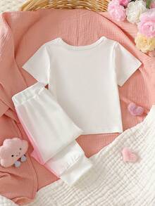 2件套女婴春夏字母爱心印花T恤和休闲裤套装 - 白色 - 查看 3