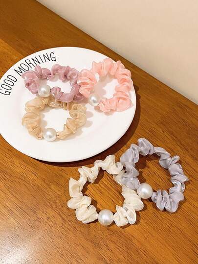 Bộ 5 chiếc dây buộc tóc kiểu Hàn Quốc bằng vải chiffon đính ngọc trai giả, dây buộc tóc sang trọng, phù hợp cho cả nam và nữ, dùng hàng ngày, khi đi du lịch, trong các dịp lễ, là món quà tinh tế.