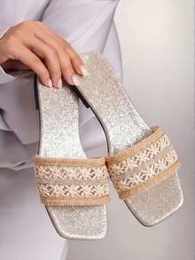 planare Women's Fashionable Elegant Square Toe Slip-On Flat Sandals In White & Brown, Suitable For Summer Daily Commute And Date Outfit - Platinum - View 9