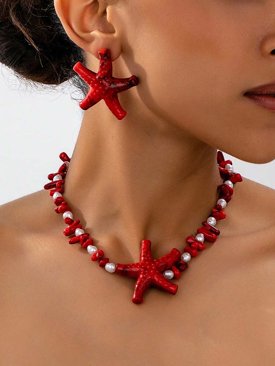 Set de 3 piezas con collar y aretes con cuentas de acrílico y perlas con estilo oceánico, adecuado para atuendos diarios y de vacaciones de mujeres - Rojo - Ver 1